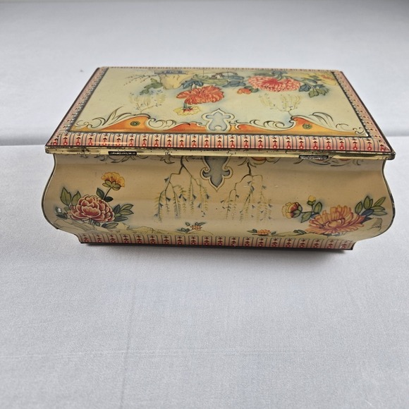 Vintage English Floral Tin Box Chinoiserie Garden Scene Hinged Metal Container - Picture 6 of 11